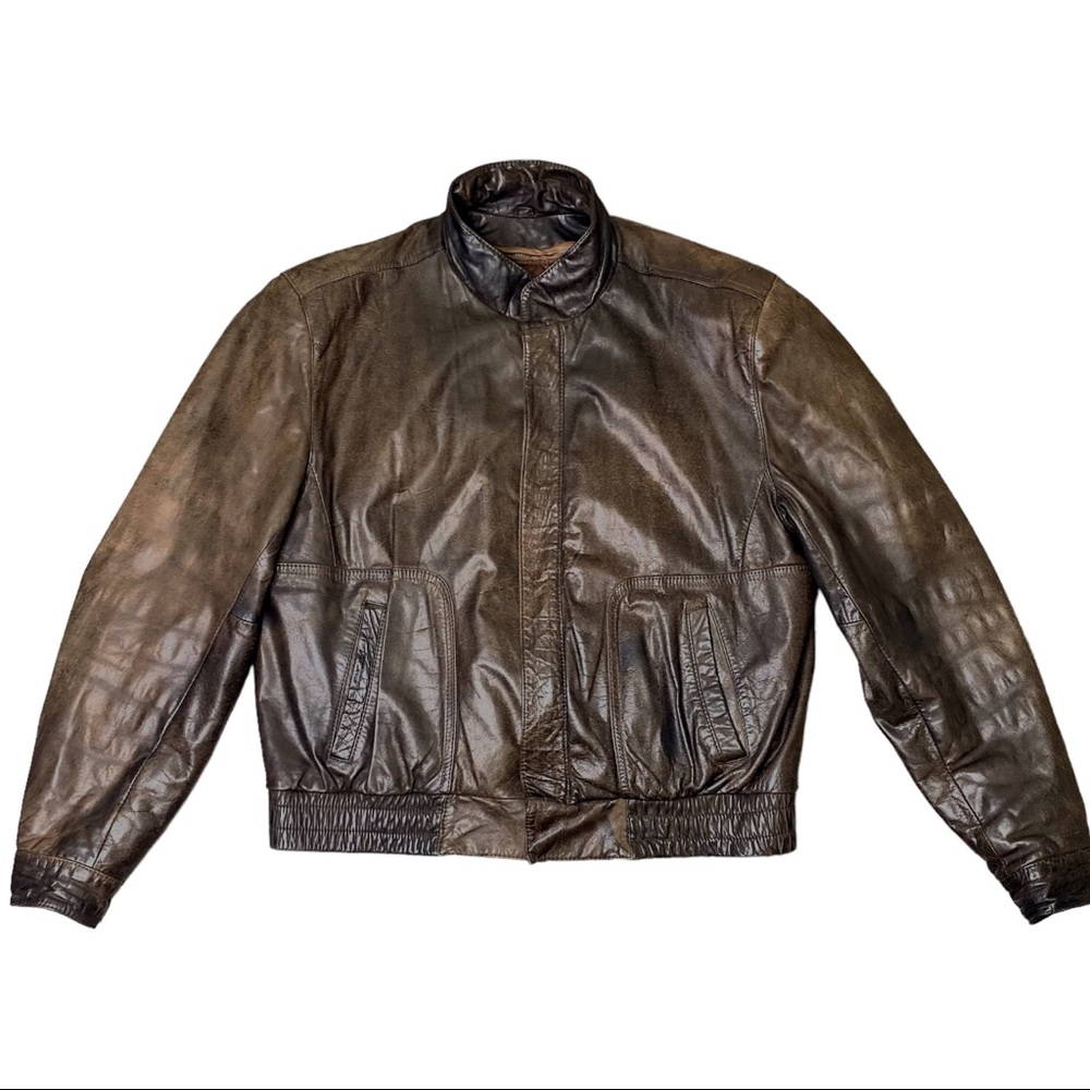 Brown Leather Bomber Flight Jacket - vintage 80s 90s oversized heavy coat